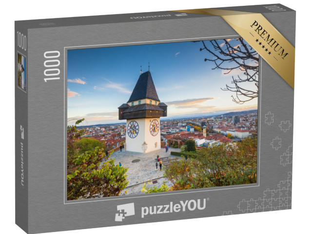 puzzle 1000 dílků „Klasické panorama: Štýrský Hradec s hodinovou věží při západu slunce, Štýrsko“