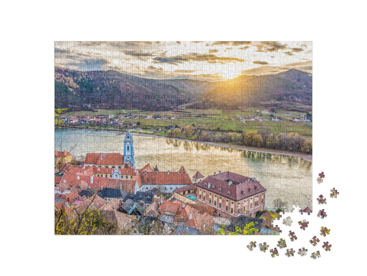 puzzle 1000 dílků „Panoramatický pohled na údolí Wachau s historickým městem Durnstein, Rakousko“