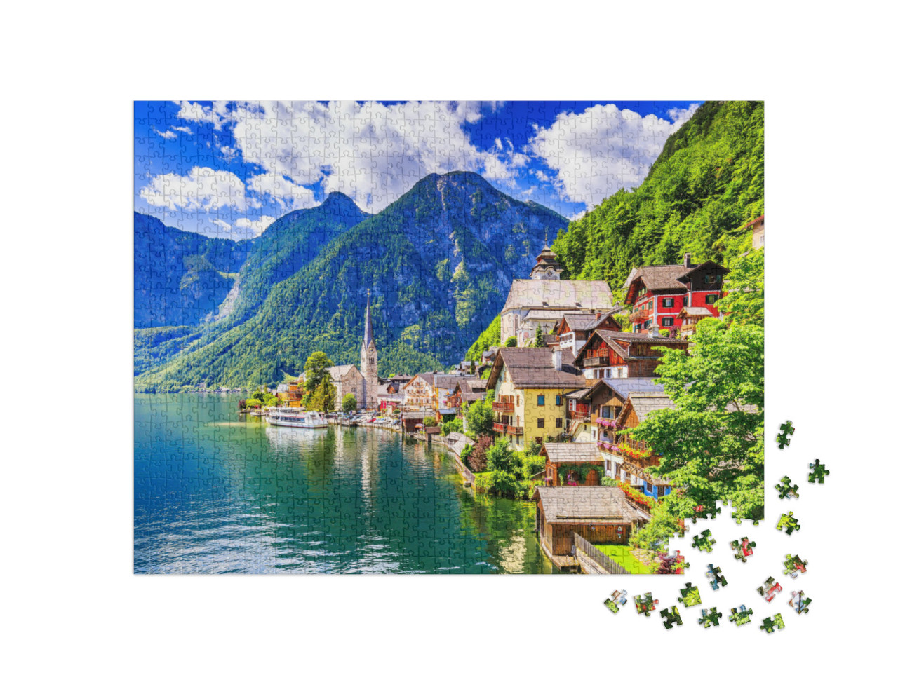 puzzle 1000 dílků „Hallstatt, Rakousko: Horská vesnice v Alpách“