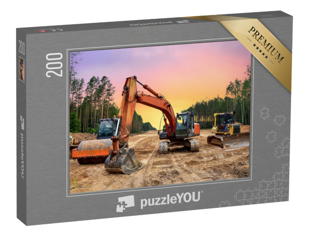 puzzle 200 dílků „Buldozery, bagry a zhutňovače zeminy pro silniční stavby“