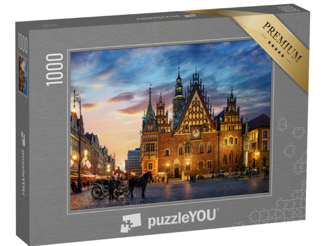 puzzle 1000 dílků „Tržní náměstí se starými domy, radnicí a západem slunce, Vratislav, Polsko“