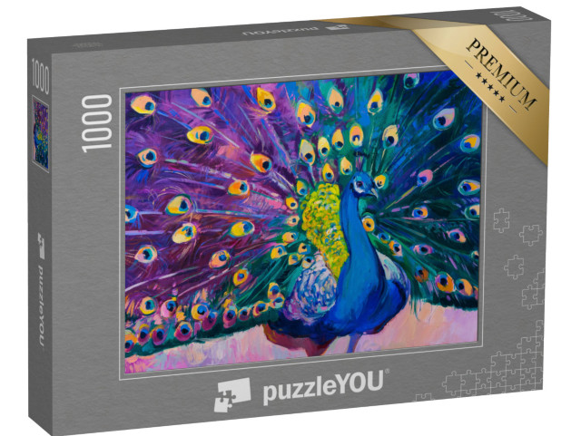 puzzle 1000 dílků „Olej na plátně: Nádherný páv s otevřeným kolem“
