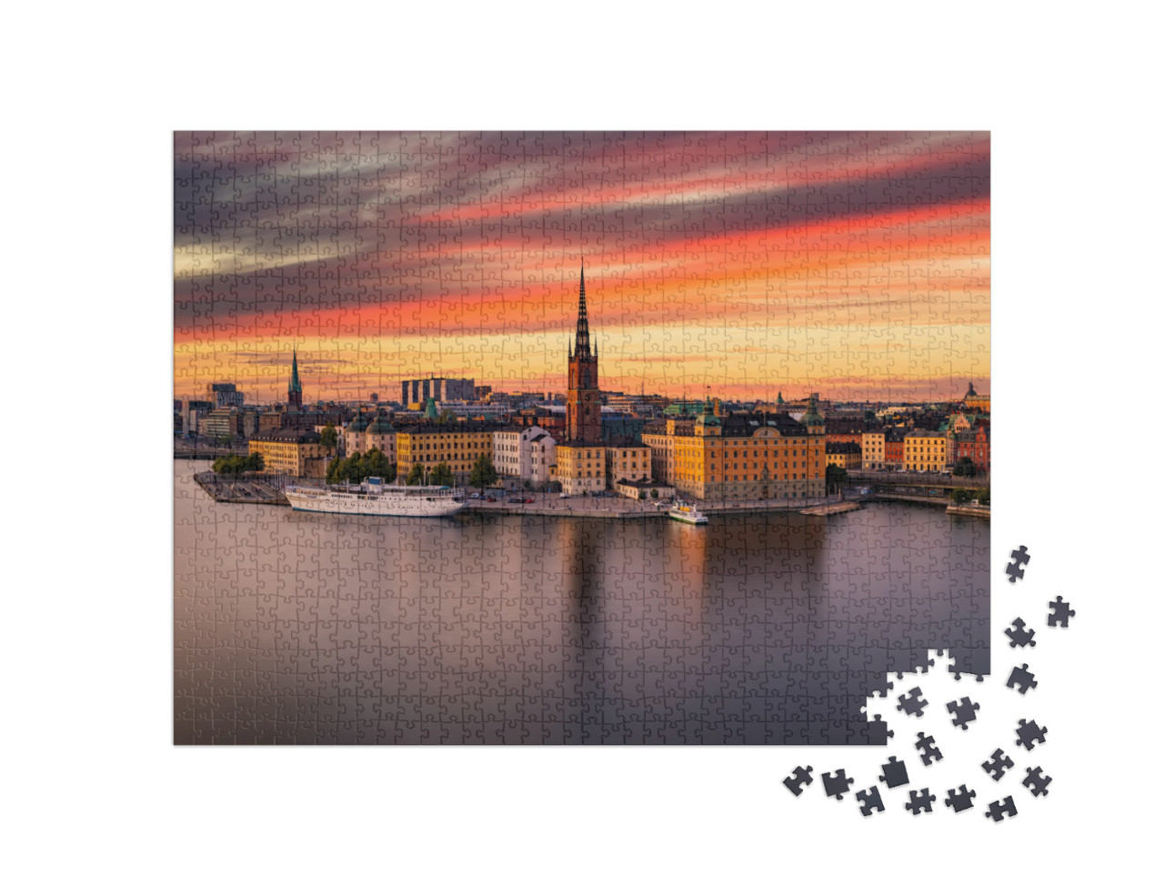 puzzle 1000 dílků „Gamla Stan, staré centrum Stockholmu při západu slunce, Švédsko“