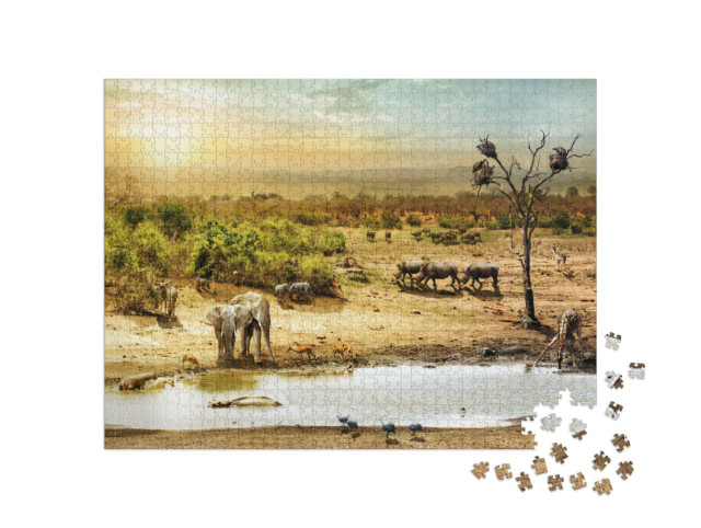 puzzle 1000 dílků „Zvířata u napajedla v jihoafrické poušti při západu slunce“