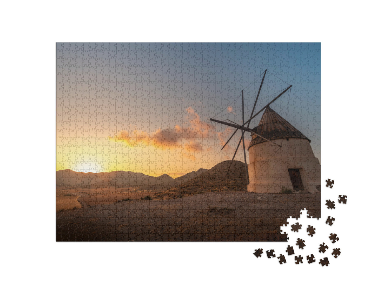 puzzle 1000 dílků „Větrný mlýn na pláži Los Genoveses při západu slunce, Španělsko“