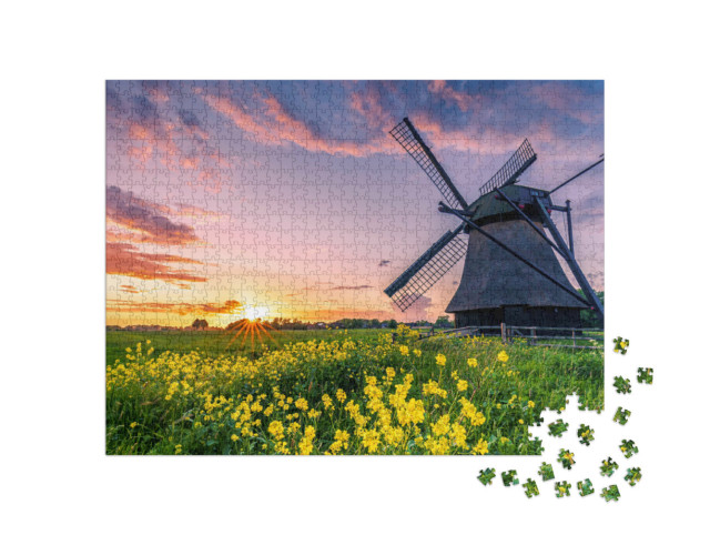 puzzle 1000 dílků „Vodní lopatový mlýn na poli ve Východním Frísku, severní Německo“