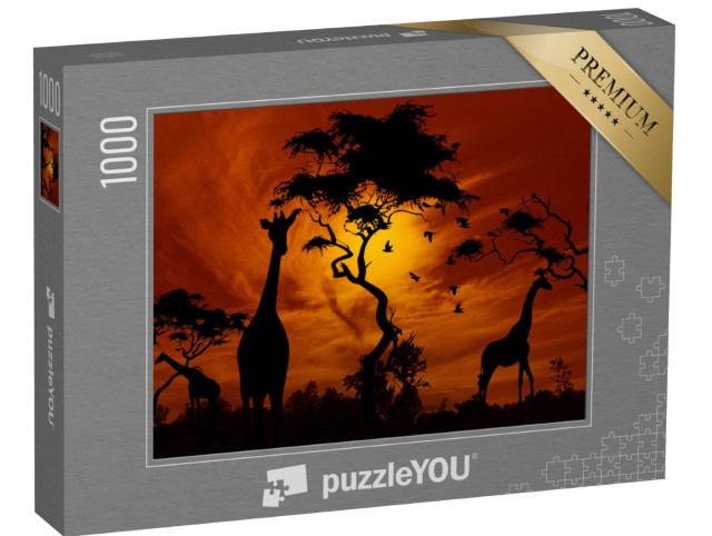 puzzle 1000 dílků „Žirafy v záři zapadajícího slunce“