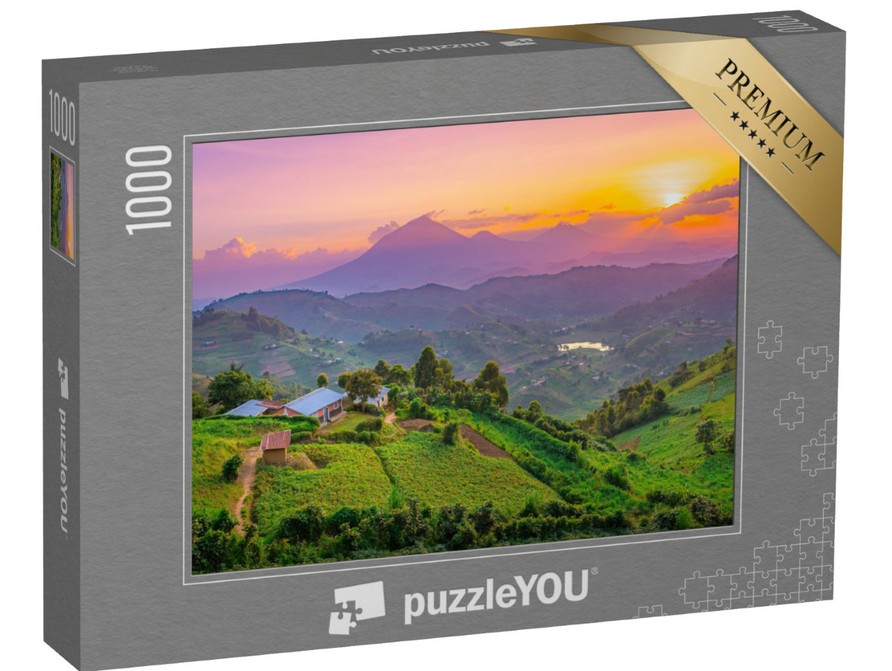 puzzle 1000 dílků „Západ slunce nad kopci a loukami v Kisoro, Uganda, Afrika“