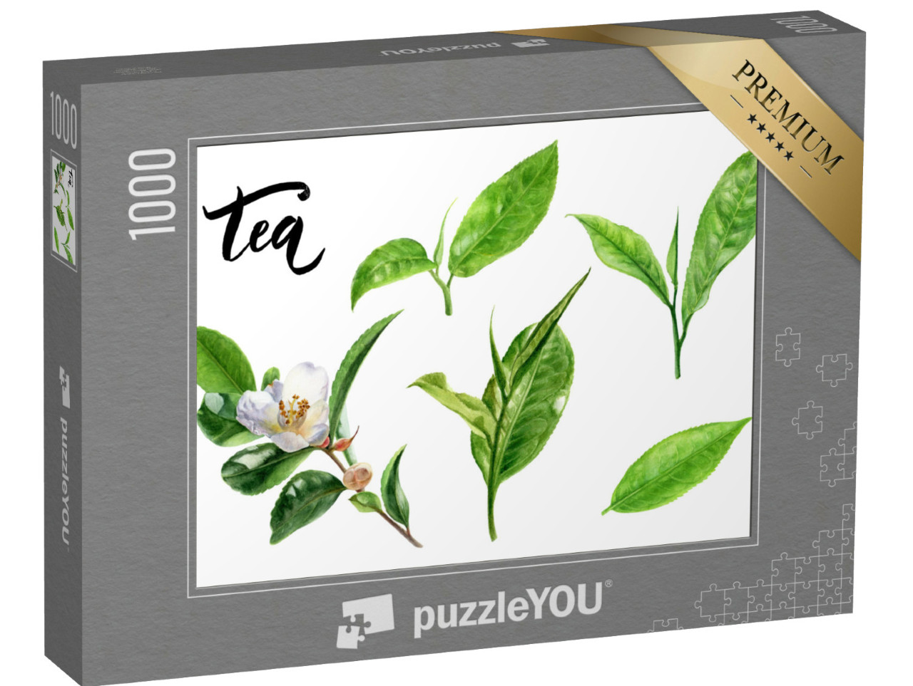 puzzle 1000 dílků „Akvarelová ilustrace čajových lístků izolovaná na bílém pozadí...“