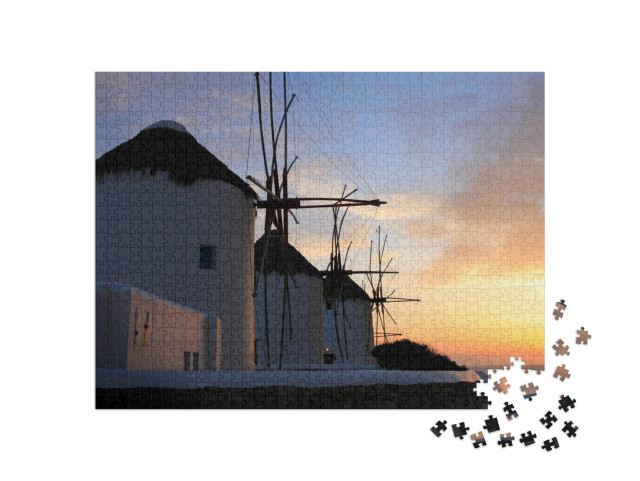 puzzle 1000 dílků „Větrné mlýny při západu slunce na Mykonosu, Řecko“