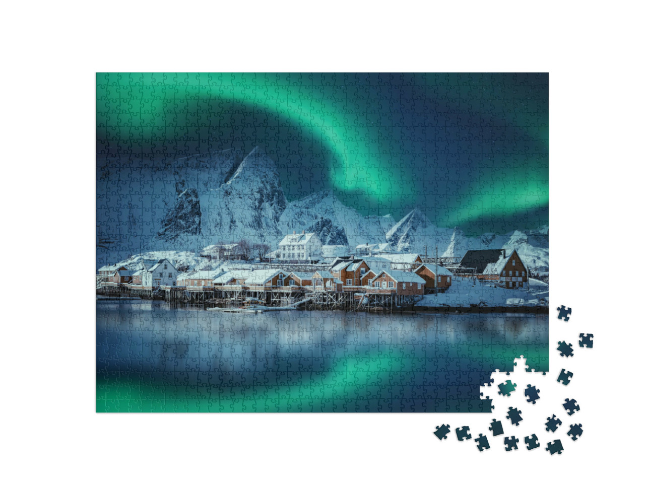 puzzle 1000 dílků „Zimní krajina s polární září nad Reine“
