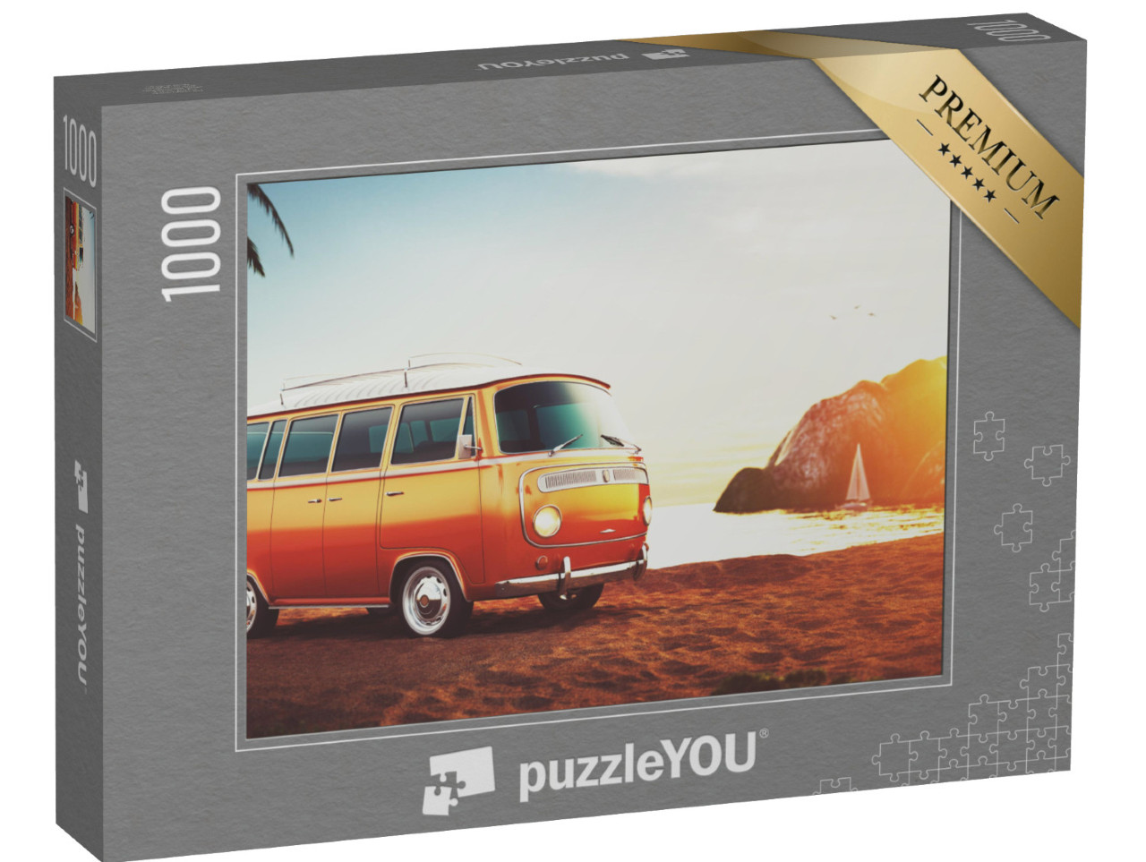 puzzle 1000 dílků „Retro autobus na pláži při západu slunce“