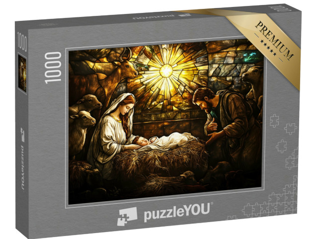 puzzle 1000 dílků „Okno kostela: vánoční výjev s Ježíškem, Marií a Josefem“
