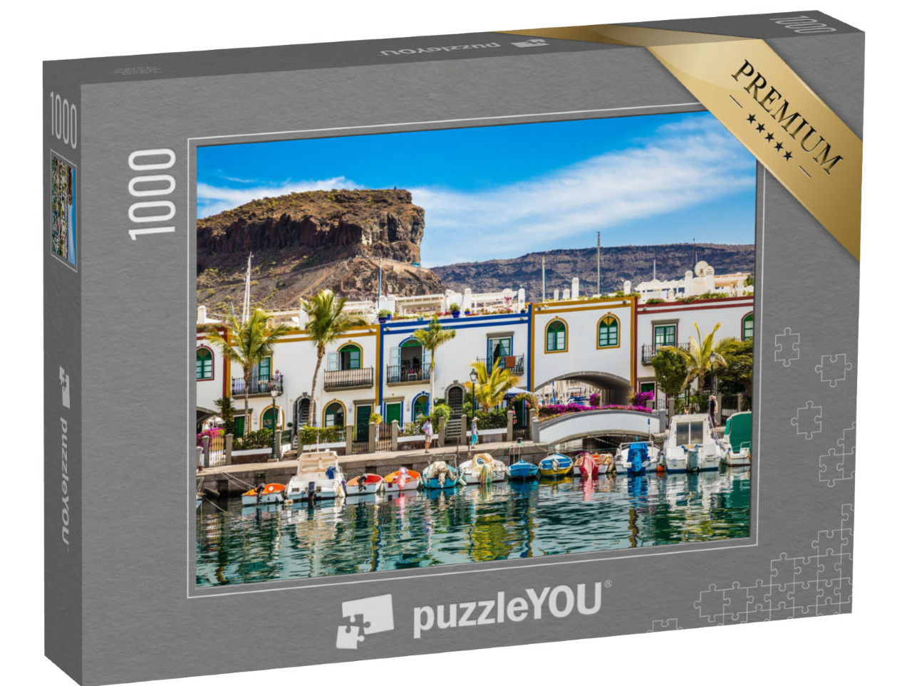 puzzle 1000 dílků „Tradiční barevné budovy s loděmi, Gran Canaria, Španělsko“