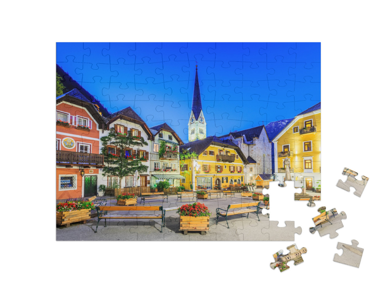 puzzle 100 dílků „Hallstatt, Rakousko, horská vesnice v rakouských Alpách za soumraku“