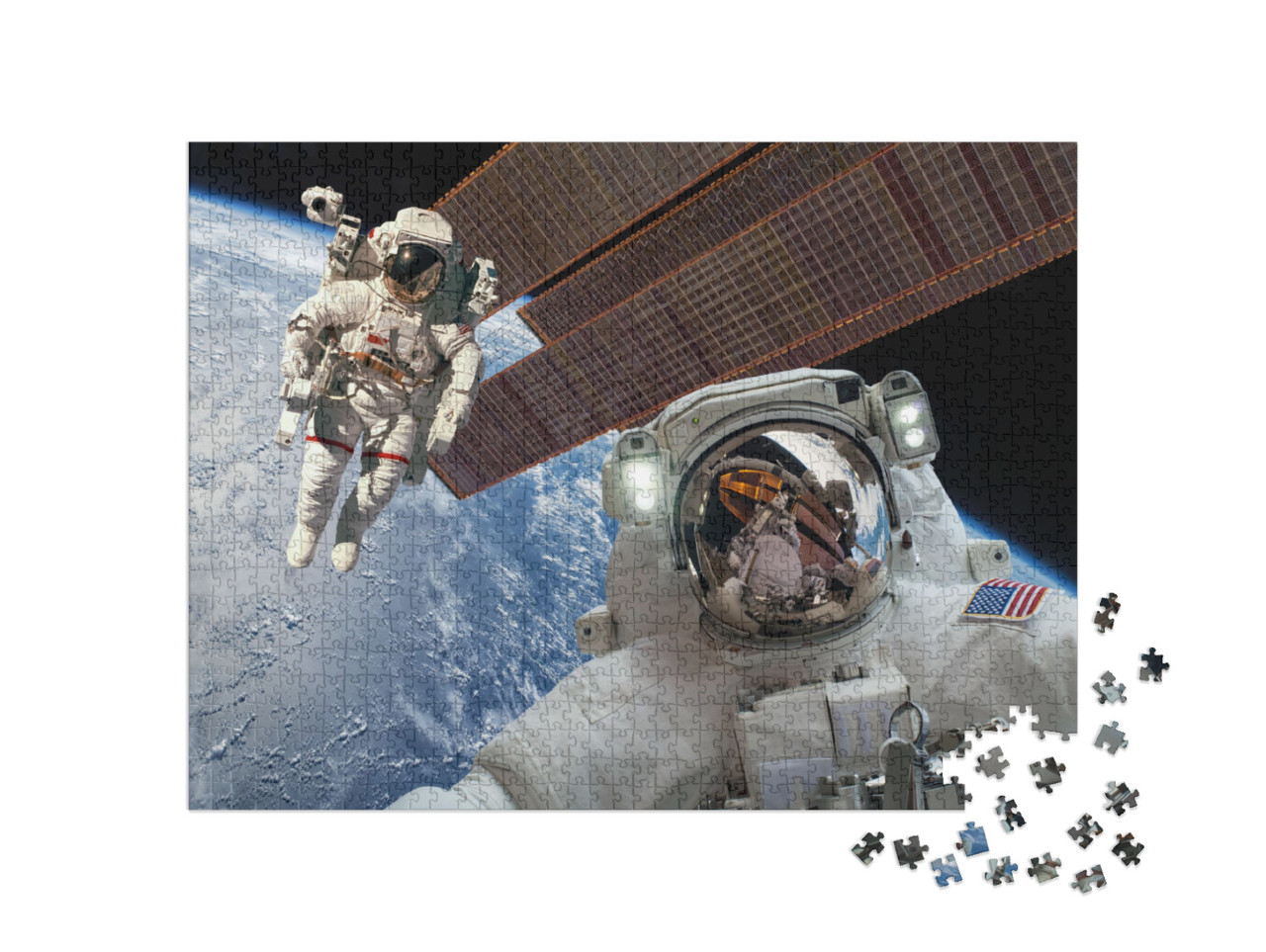 puzzle 1000 dílků „Mezinárodní vesmírná stanice a astronauti ve vesmíru nad planetou Zemí“