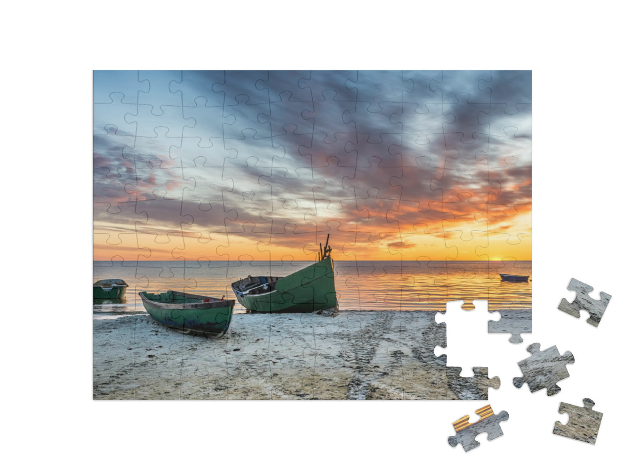 puzzle 100 dílků „Zakotvená rybářská loď na písečné pláži Baltského moře“