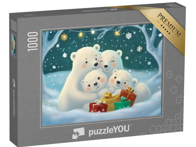 puzzle 1000 dílků „Roztomilá rodina ledních medvědů se objímá o vánoční noci“