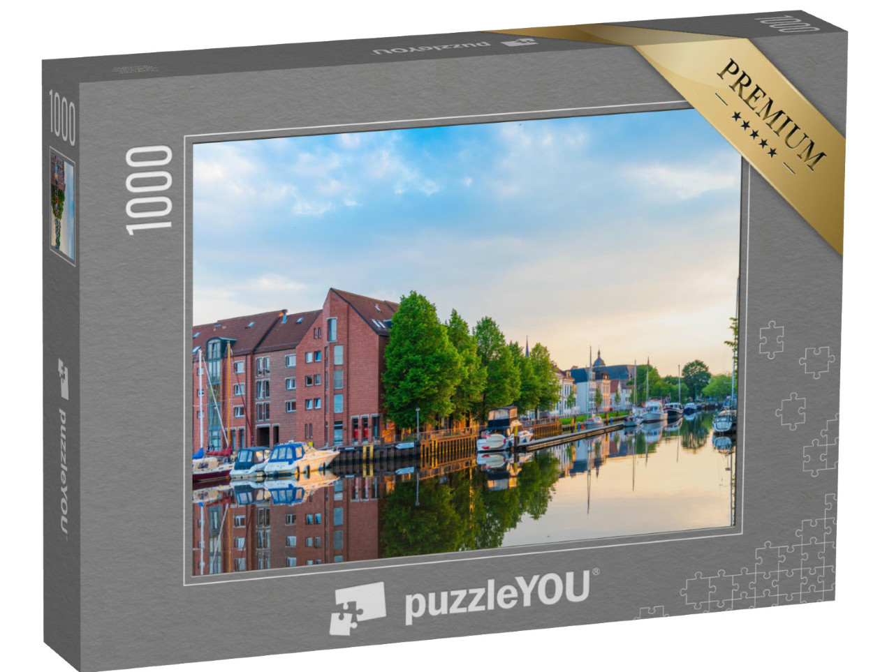 puzzle 1000 dílků „Přístav Oldenburg: Lodě kotvící před městem, Německo“