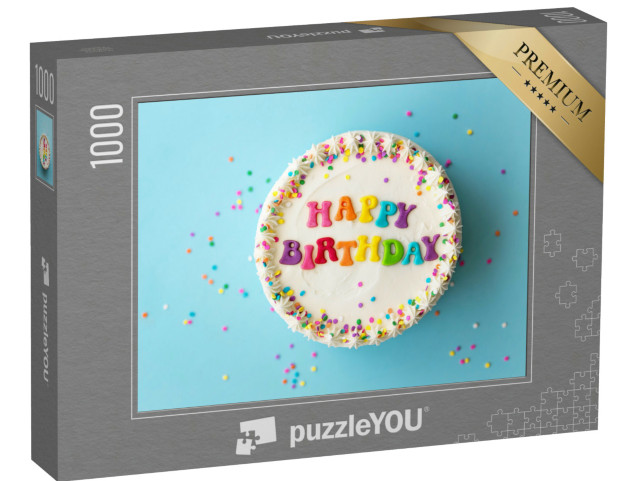 puzzle 1000 dílků „Dort k narozeninám s duhovým nápisem...“