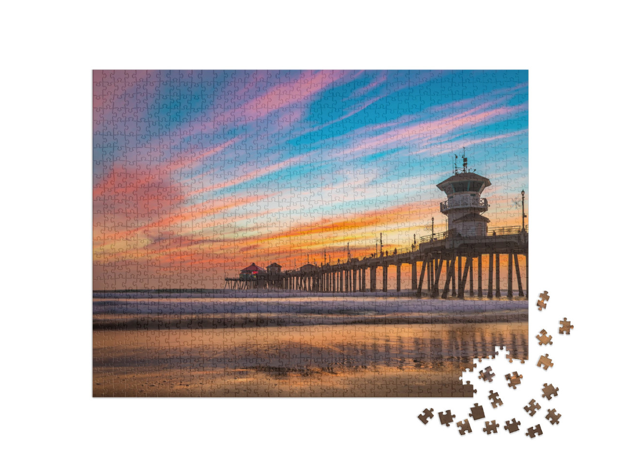 puzzle 1000 dílků „Krásný západ slunce nad molem na Huntington Beach, Kalifornie“