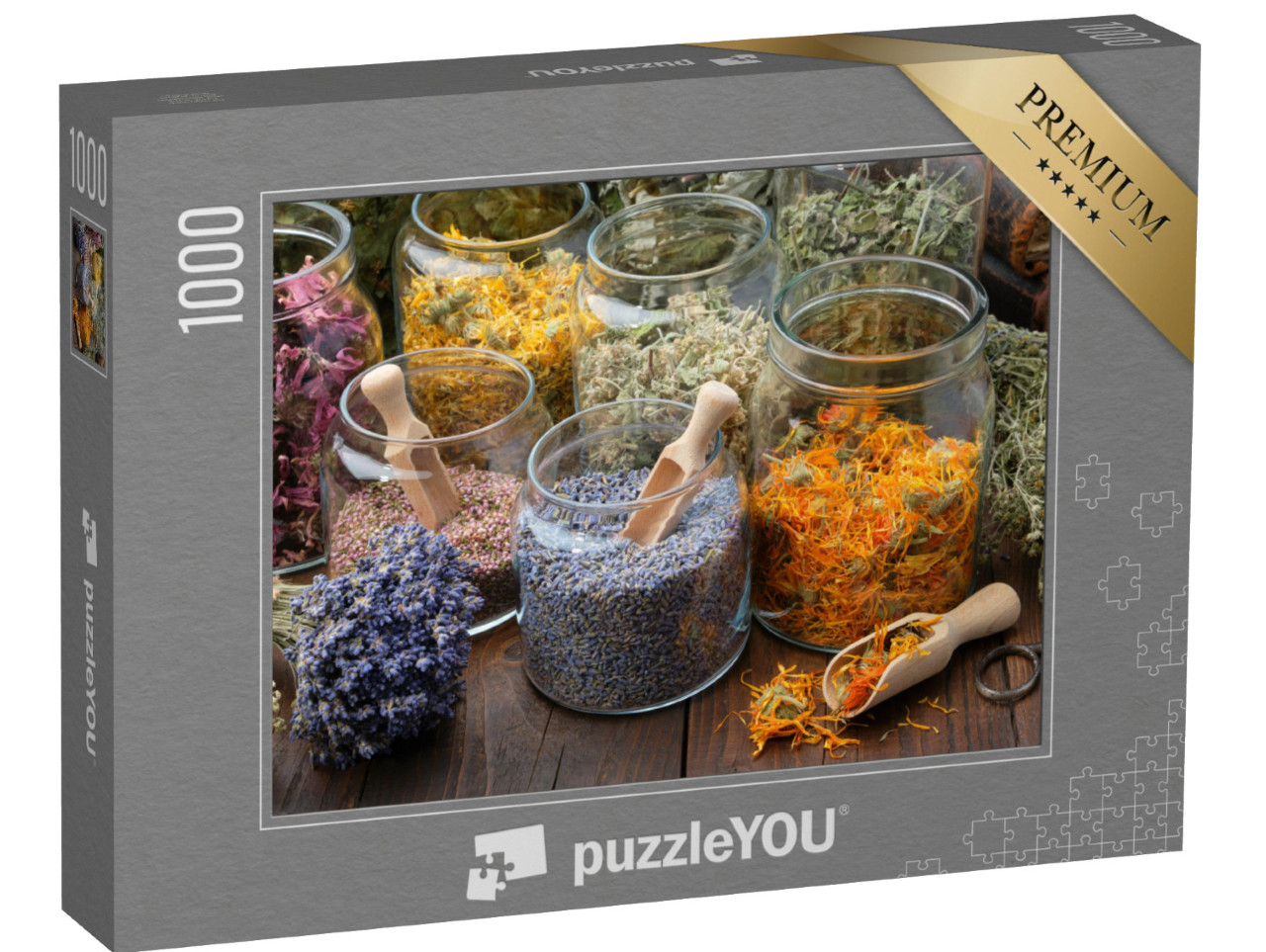 puzzle 1000 dílků „Skleněné nádoby se sušenými květy levandule a měsíčku lékařského“