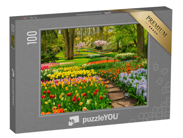 puzzle 100 dílků „Barevná tulipánová zahrada pod stromy“