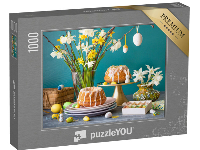 puzzle 1000 dílků „Velikonoční dort s narcisy a velikonočními vajíčky“