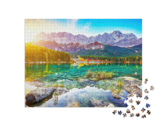 puzzle 1000 dílků „Jezero Eibsee před vrcholem Zugspitze u Garmisch-Partenkirchenu“