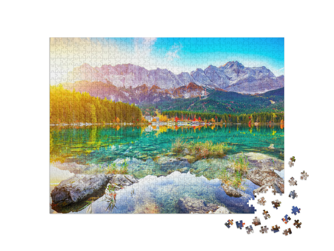 puzzle 1000 dílků „Jezero Eibsee před vrcholem Zugspitze u Garmisch-Partenkirchenu“
