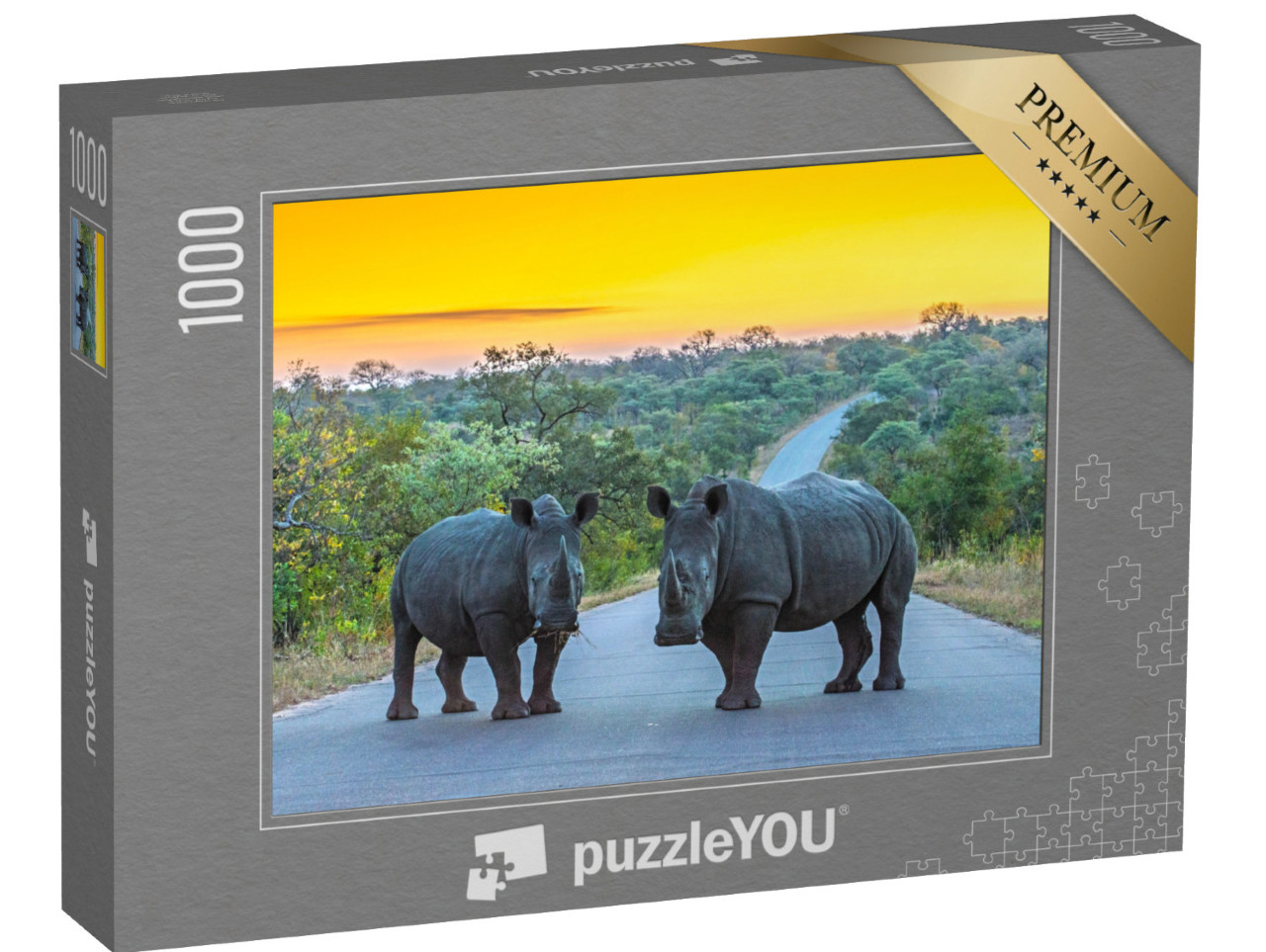 puzzle 1000 dílků „Dva nosorožci na silnici při západu slunce, Krugerův národní park, Jihoafrická republika“