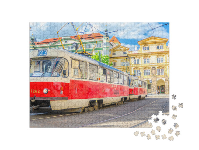 puzzle 1000 dílků „Retro tramvaj na kolejích v ulicích Prahy“