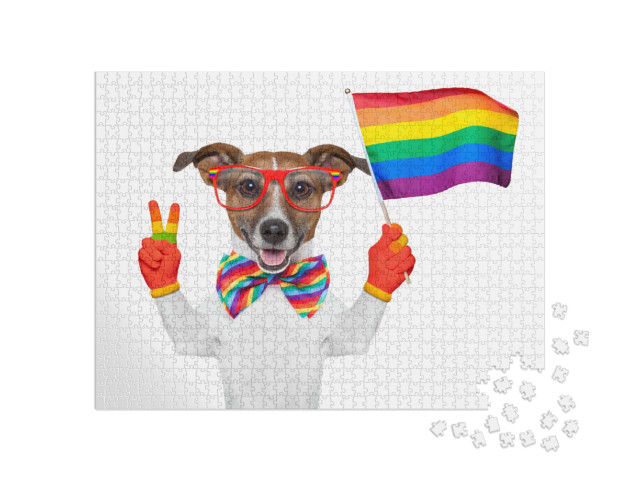puzzle 1000 dílků „gay pride pes mávající duhovou vlajkou“