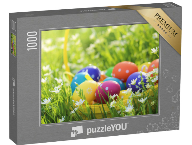 puzzle 1000 dílků „Krásný velikonoční košík v zelené trávě“