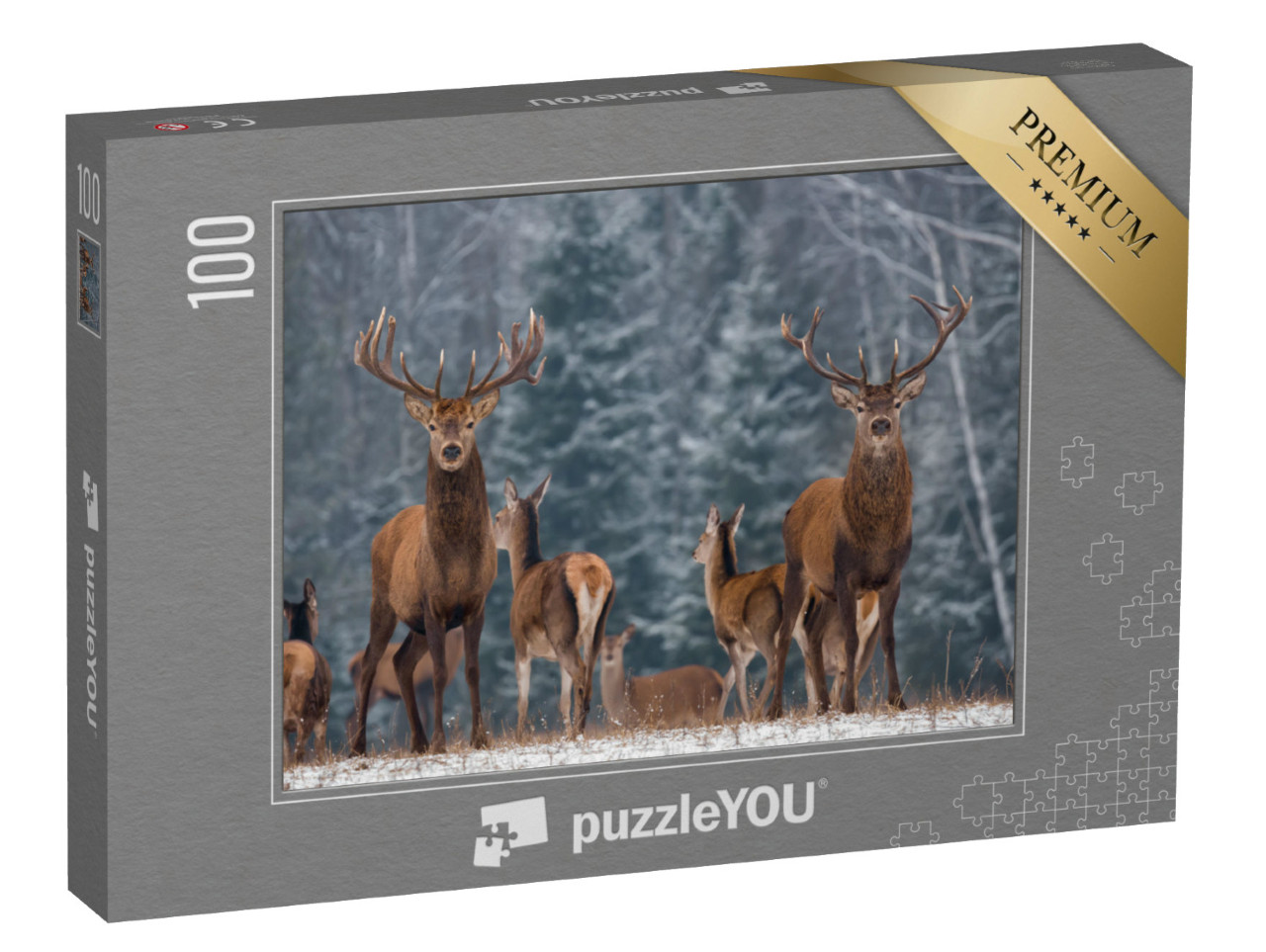 puzzle 100 dílků „Stádo jelenů v zimním lese“