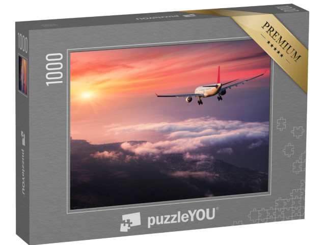 puzzle 1000 dílků „Letadlo na červené večerní obloze nad mraky“