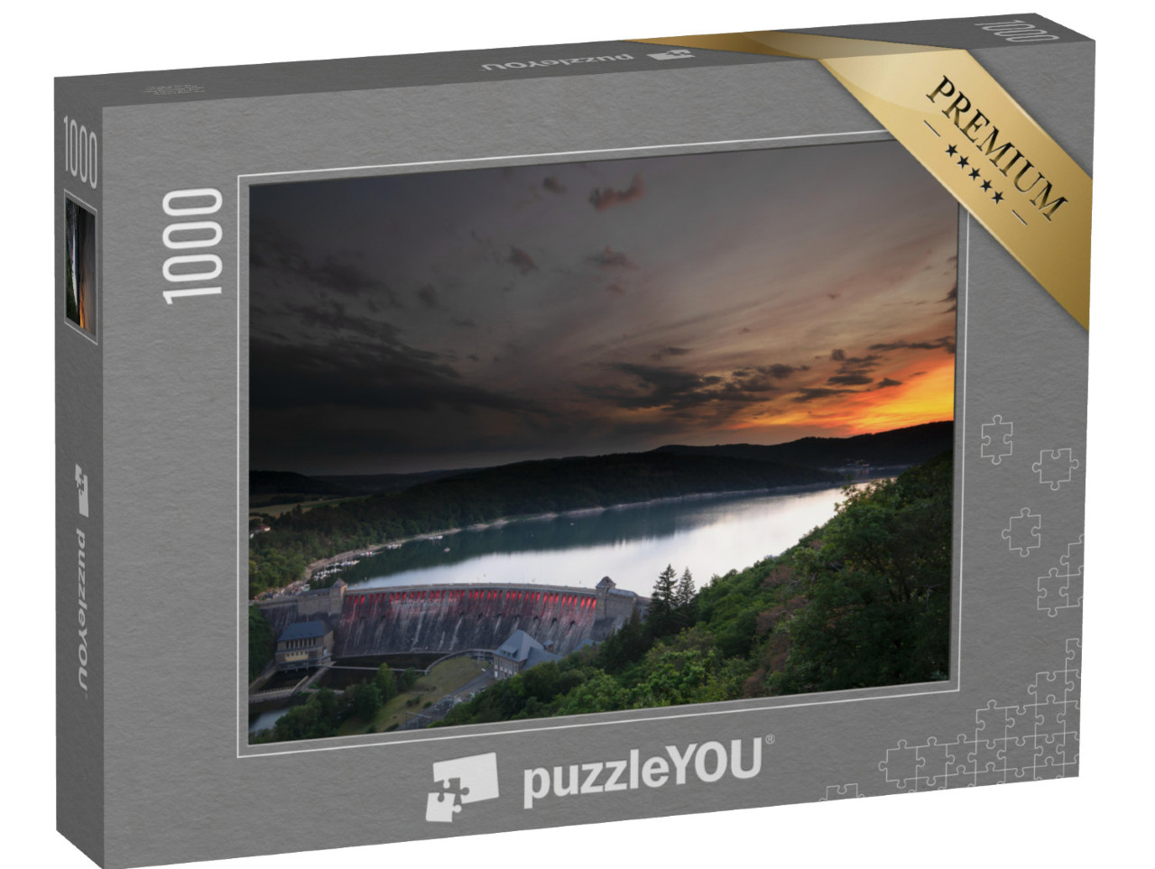 puzzle 1000 dílků „Pohled z vyhlídky Kleine Kanzel na jezero Edersee při západu slunce“