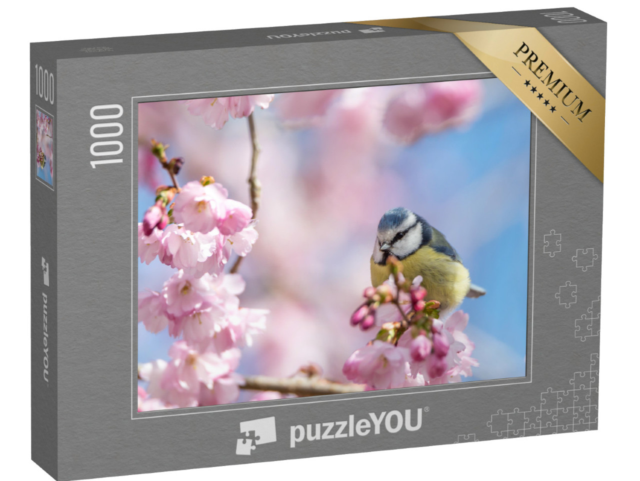 puzzle 1000 dílků „Sýkora modřinka sedí na krásné větvi s třešňovými květy.“