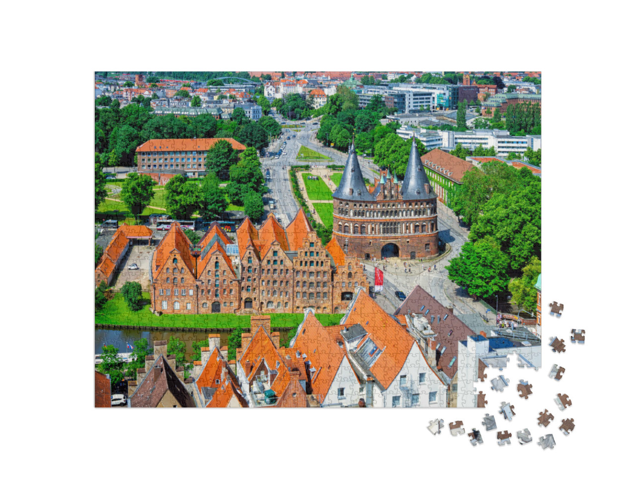 puzzle 1000 dílků „Lübecká brána Holsten v létě, Šlesvicko-Holštýnsko“