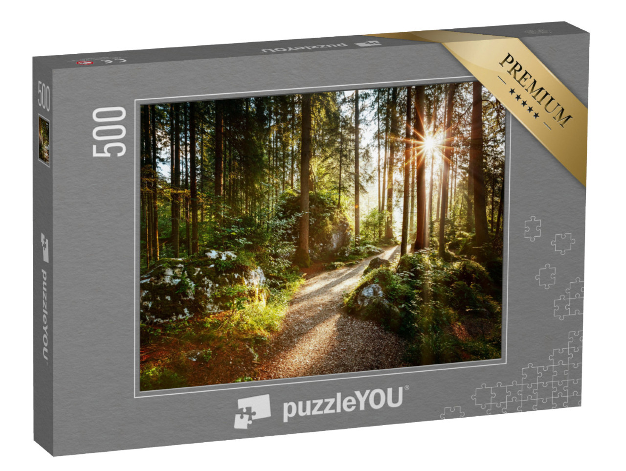 puzzle 500 dílků „Krajina a cesta lesem v ranním slunci“