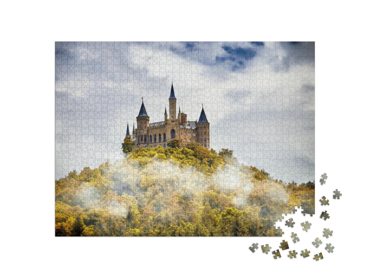 puzzle 1000 dílků „Hrad na hoře v mlze pod mraky, Hohenzollern, Německo“