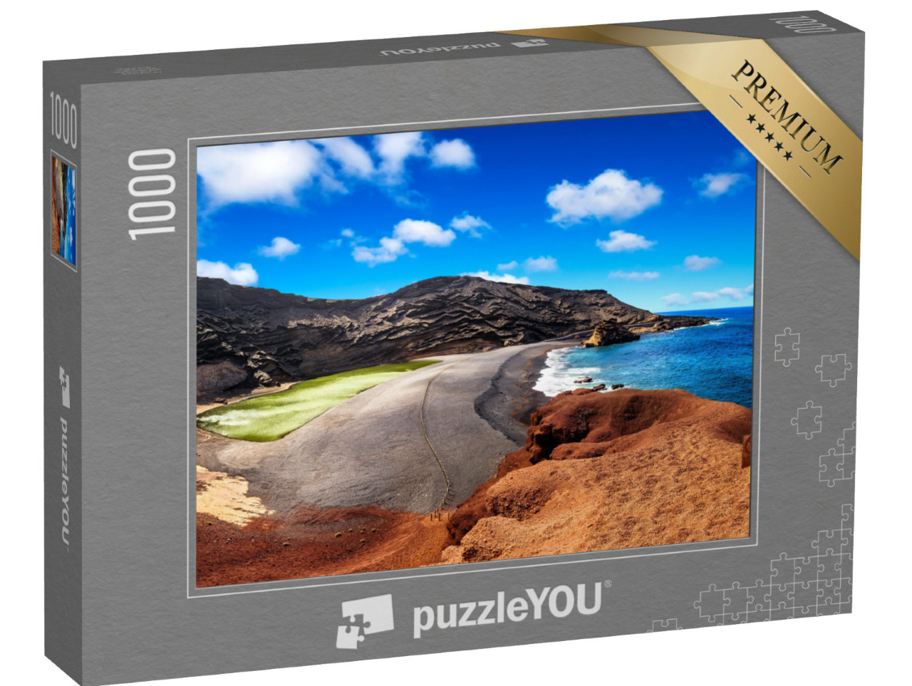 puzzle 1000 dílků „Sopečný kráter se zeleným jezerem u El Golfo, ostrov Lanzarote, Španělsko“