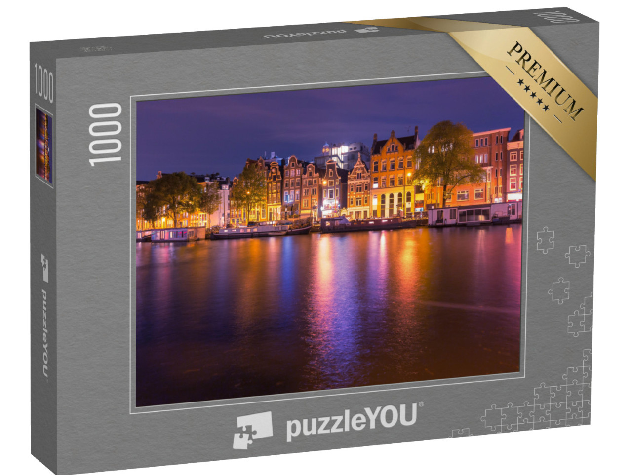 puzzle 1000 dílků „Okouzlující kanál v noci v nizozemském Amsterdamu.“