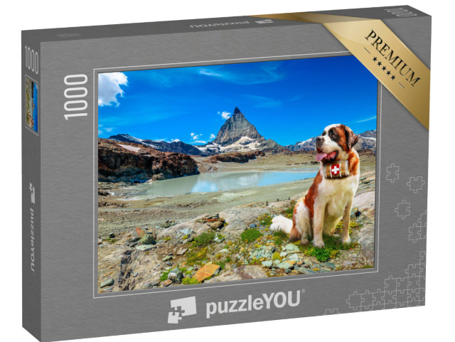 puzzle 1000 dílků „Bernardýnský záchranářský pes se sudem pálenky před Alpami, Zermatt“