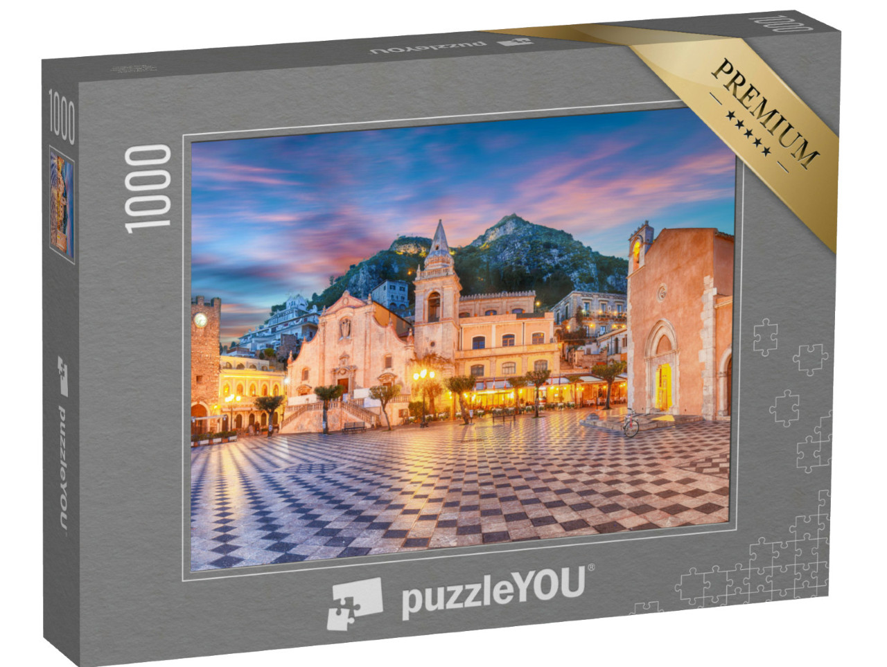 puzzle 1000 dílků „Belvedér v Taormině a kostel San Giuseppe, Sicílie, Itálie“