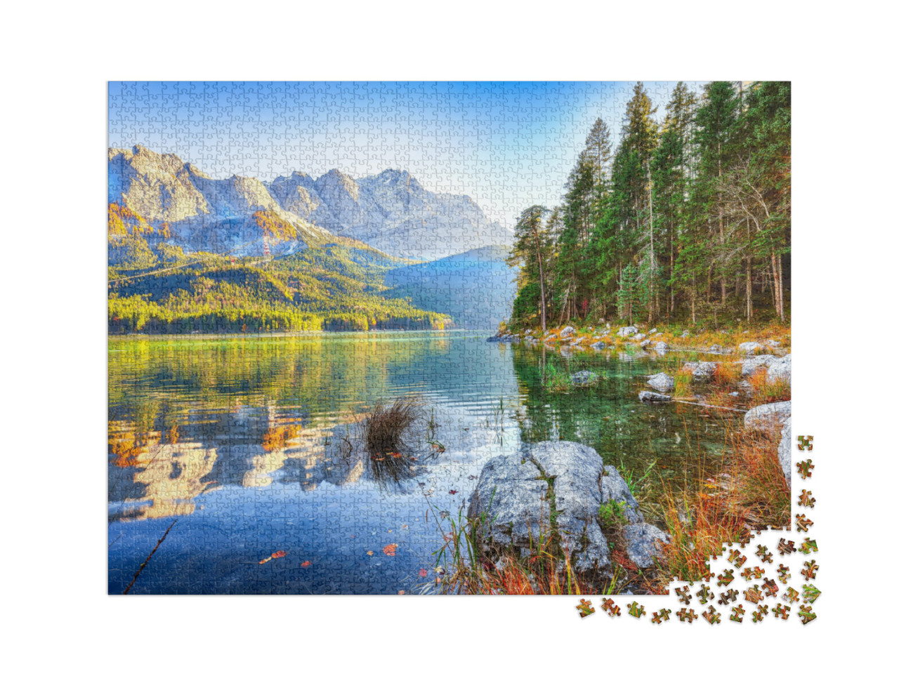 puzzle 2000 dílků „Eibsee před vrcholem Zugspitze v podzimním seznamu, Bavorsko, Německo“