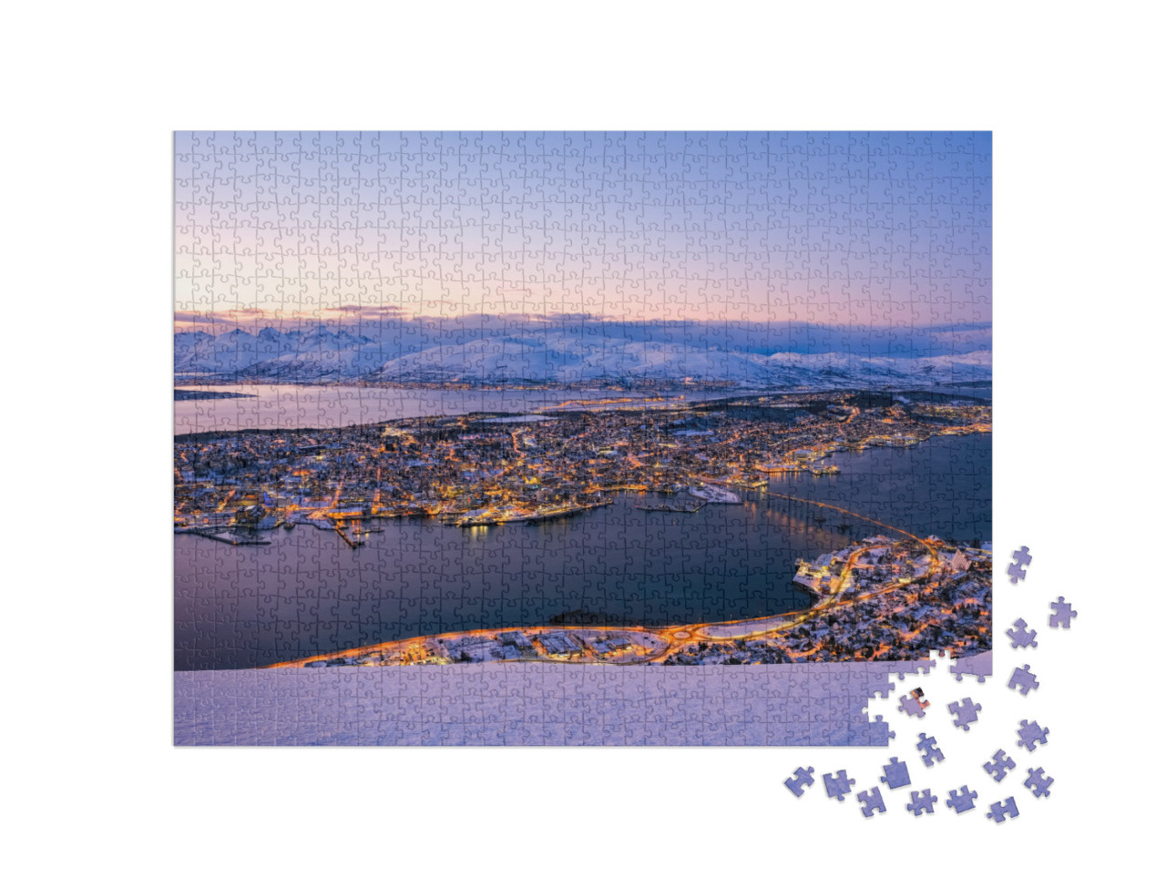 puzzle 1000 dílků „Zimní západ slunce: lanovka Fjellheisen nad Tromso, Norsko“