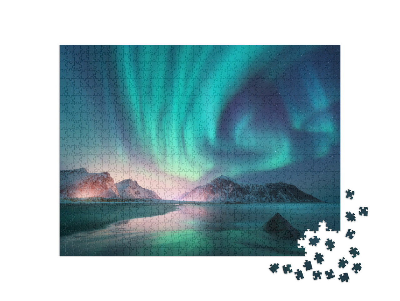 puzzle 1000 dílků „Polární záře nad mořem a zasněženými horami“