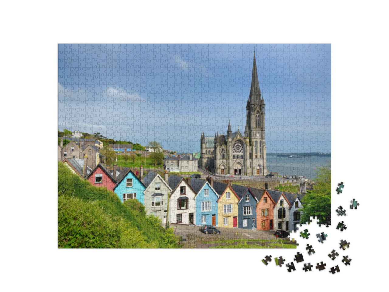 puzzle 1000 dílků „Barevné řadové domky před katedrálou Cobh, hrabství Cork, Irsko“