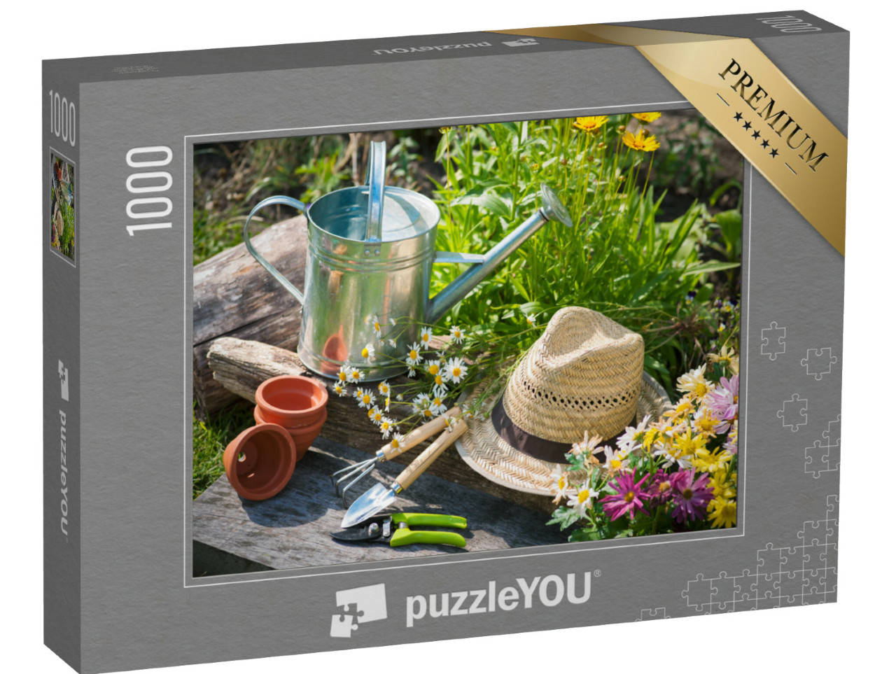 puzzle 1000 dílků „Zahradní nářadí na trávníku v zahradě“
